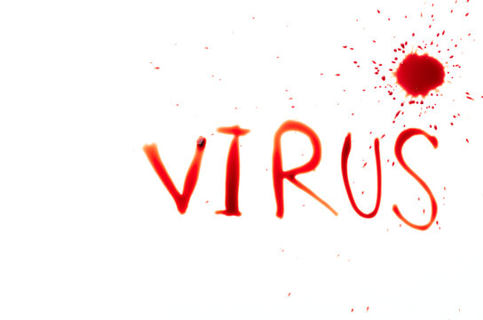 Word "VIRUS" written with blood on white background.