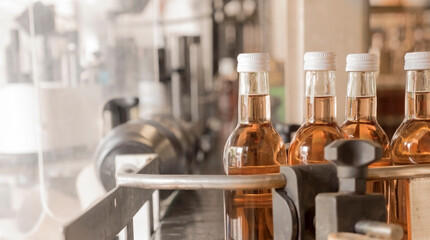 Small rose wine bottles sealed with white screw caps waiting on a conveyor belt in a german winery for labeling.
