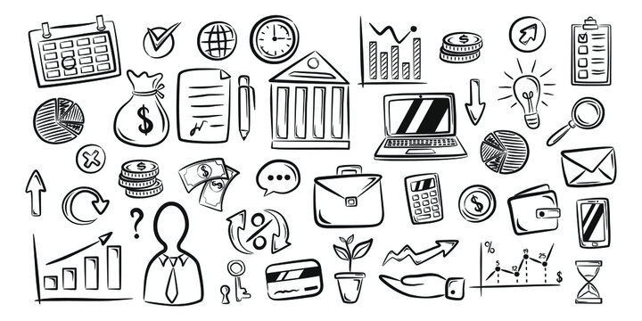 Set of money and banking related objects and elements. Hand drawn doodle illustration collection isolated on white background. Drawing vector illustration