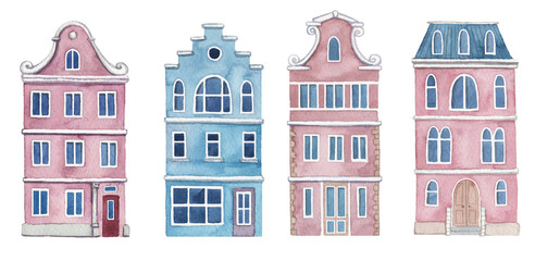 Watercolor colorful Amsterdam houses