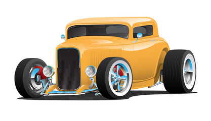 Classic American custom 32 vintage Hotrod car, cool yellow paint, chopped roof, whitewall tires on chrome rims, low profile, isolated vector illustration