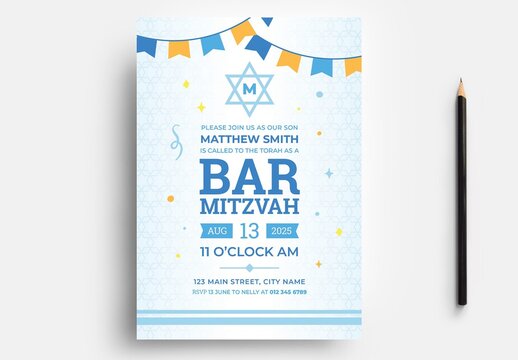 Bar Mitzvah Party Flyer Layout with Bunting & Star of David Pattern