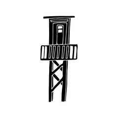 Hand drawn black icon. Vector illustration of a lifeguard tower silhouette isolated on white background.

