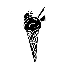 Hand drawn black icon. Vector illustration of an ice cream silhouette ball in a cone decorated with strawberry and wafer roll isolated on white background.