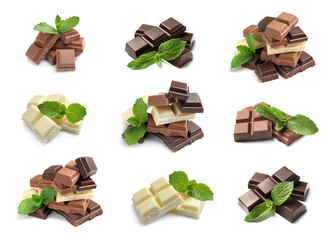 Set with different types of chocolate with mint on white background