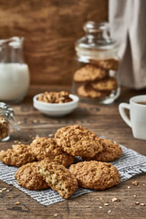 Breakfast with healthy oatmeal cookies, coffee and milk
