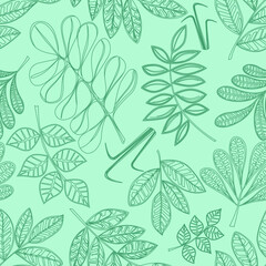 Seamless autumn leaves patterns, turquoise background. Textile print
