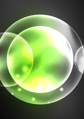 Glowing neon shiny transparent bubbles, glass circles or bio cell concept. Techno futuristic vector abstract background For Wallpaper, Banner, Background, Card, Book Illustration, landing page
