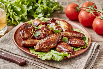 Teriyaki chicken wings: glazed wings in sauce with vegetables and beer