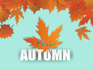 Autumn sale background. design with autumn leaves on mint green background. Vector.