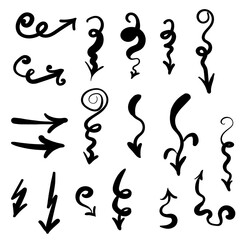 Set of arrows. Hand drawn elements.
Simple vector logos. Direction indicators, pointers and scroll elements. 
Collection of various arrows
Isolated on white background
Vector illustration