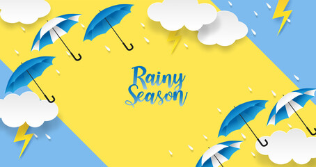 Rainy season. design with raining drops, umbrella and clouds on blue background. vector.
