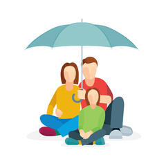 Young family house concept. Couple and their child are sitting on the floor under umbrella. Vector illustration, part of set.