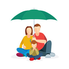 Young family house concept. Couple and their child are sitting on the floor under umbrella. Vector illustration, part of set.