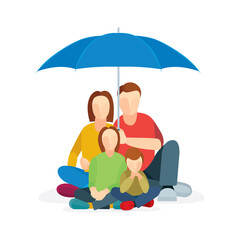 Young family house concept. Couple and their child’s are sitting on the floor under umbrellas. Vector illustration, part of set.