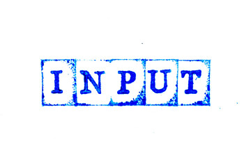 Blue ink of rubber stamp in word input  on white paper background