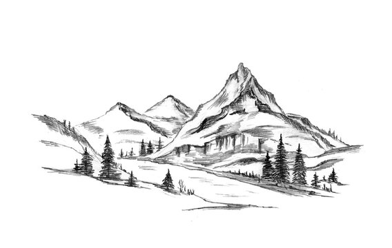 Mountain landscape sketch. mountains, river, trees. Monochrome grayscale landscape on a white background. Hand drawing in pencil. Rocky peaks in a graphic style.