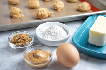 Fototapeta na wymiar Peanut butter cookie baking ingredients