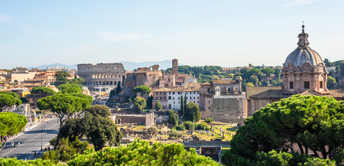 Fototapeta na wymiar Forum Romanum and Coliseum view from the Capitoline Hill in Italy, Rome. Travel world