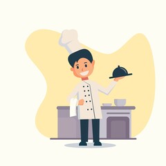 A young chef brings dishes to be served. Cartoon cook chef illustration. Professions job, vector character restaurant staff flat design,for website, poster, pamphlet or any design