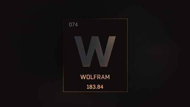 Tungsten as Element 74 of the Periodic Table. Seamlessly looping 3D animation on grey illuminated atom design background orbiting electrons name, atomic weight element number in German language