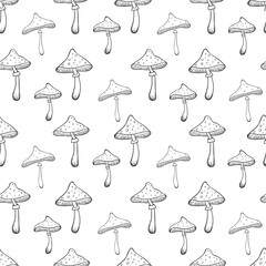 Seamless pattern with hand-drawn mushrooms isolated on white background. Amanita sketch. Vector illustration