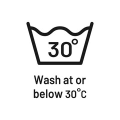 Wash at 30 degree icon with text. Water temperature 30C vector sign. Wash temperature 30. Laundry icon isolated on white background. 