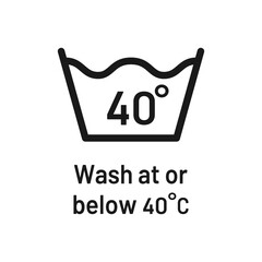 Wash at 40 degree icon with text. Water temperature 40C vector sign. Wash temperature 40. Laundry icon isolated on white background. 