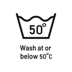 Wash at 50 degree icon with text. Water temperature 50C vector sign. Wash temperature 50. Laundry icon isolated on white background. 