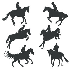 set of  isolated silhouettes of riders on a white background, show jumping competitions