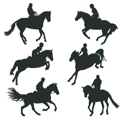 set of vector isolated silhouettes of riders on a white background, show jumping competitions
