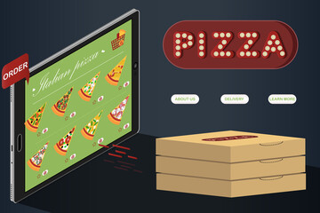 Tablet with a pizzeria website with food delivery to your home. Tablet in isometry with an app for buying pizza online. ads for fast food delivery. Many types of Italian pizza cheese, vegan, fish and