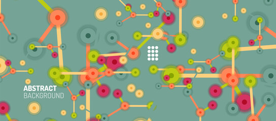 Flat style geometric abstract background, round dots or circle connections on color background. Technology network concept.