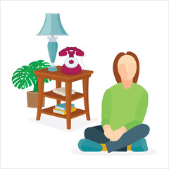 Girl abstract character sitting in a lotus position on the floor with little coffee table, old phone, green plants and lamp on background. Vector illustration, part of set.