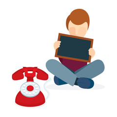 Little boy abstract cartoon character sitting in lotus position with blank blackboard in hands and old red phone. Vector illustration, part of set.