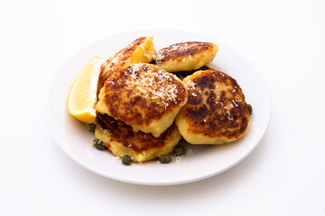 Potato Parmesan Pancakes with lemon and capers