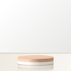 Abstract minimal scene with geometric forms. cylinder wood podium in white background. product presentation, mock up, show cosmetic product, Podium, stage pedestal or platform. 3d vector