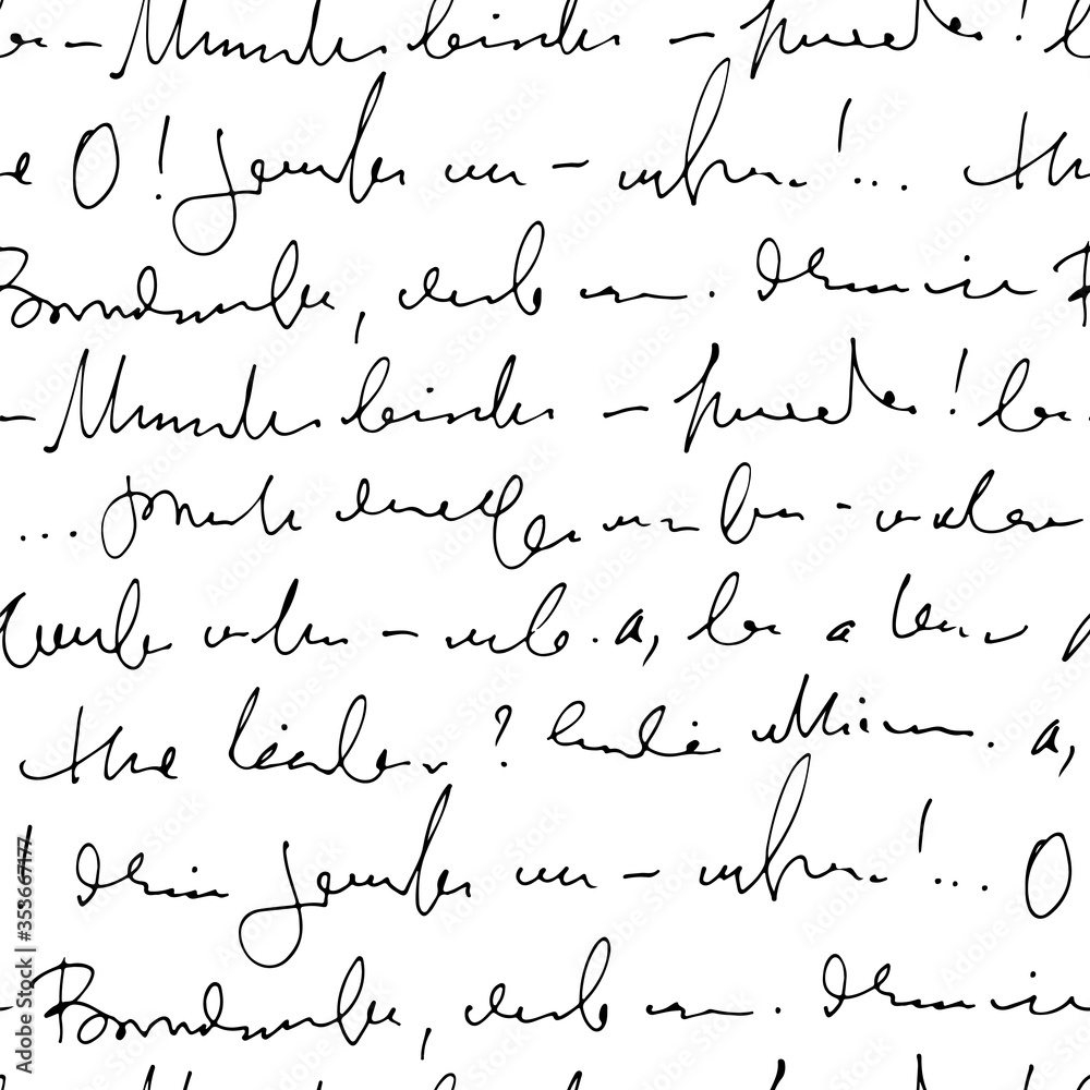 Poster Handwritten abstract text vector seamless pattern, vector monochrome script isolated on white background