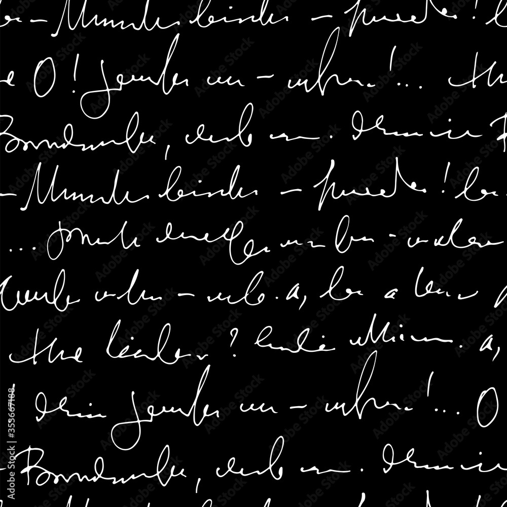 Poster Handwritten abstract text vector seamless pattern, vector monochrome script isolated on black chalk board background