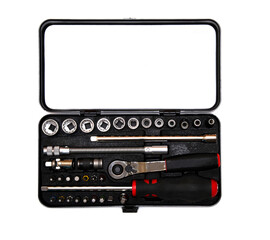 small tool kit with a screwdriver with removable bits and a ratchet wrench with heads