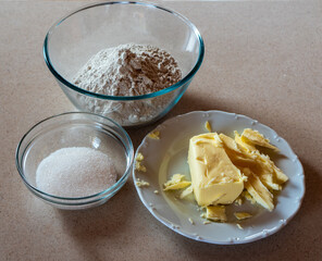 baking ingredients  flour, sugar, butter. dough preparation