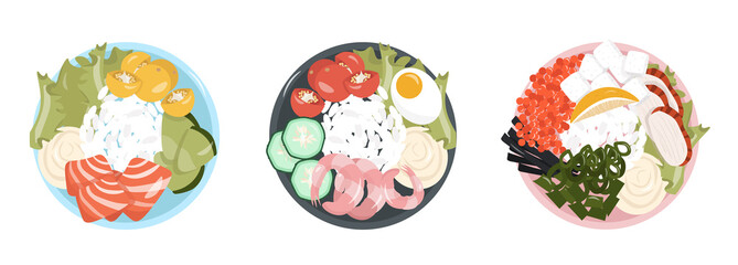Fototapeta na wymiar Healthy food. Set of healthy and satisfying poke bowls lunch made from rice, seafood, vegetables and cream cheese. Pleasant vector flat illustration of poke bowls in cartoon style.