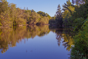 Autumn trees reflected in Scugog river  in Lindsay Ontario Canada