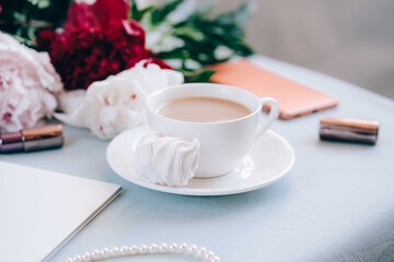 Morning coffee with flowersand phone.