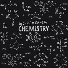 Chemical formula and outlines on the blackboard. Vector hand drawn  Seamless abstract background. Scientific and educational background