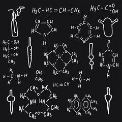 Formulas for organic chemistry. Chemical formula and chemical cookware outlines on the Board. Vector. Scientific and educational base. For notebooks, notebooks, postcards. Chemist's day.