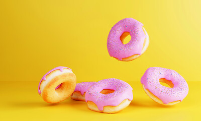 flying Pink  Tasty strawberry donut in 3d illustration isolated on Yellow background
