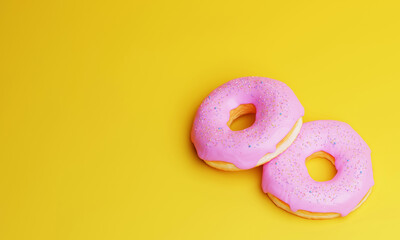 Tasty strawberry donut front pink cream in 3d Render illustration isolated on Yellow background