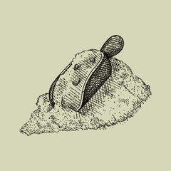 Hand-drawn sketch of flour shovel on old background. Wheat and Flour ingredient. Wheat and Flour production and making.	

