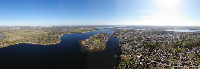 Aerial view of Werder City island in the River Havel with the town's oldest quarter. The Werder town municipal area stretches along the banks of the Havel river.